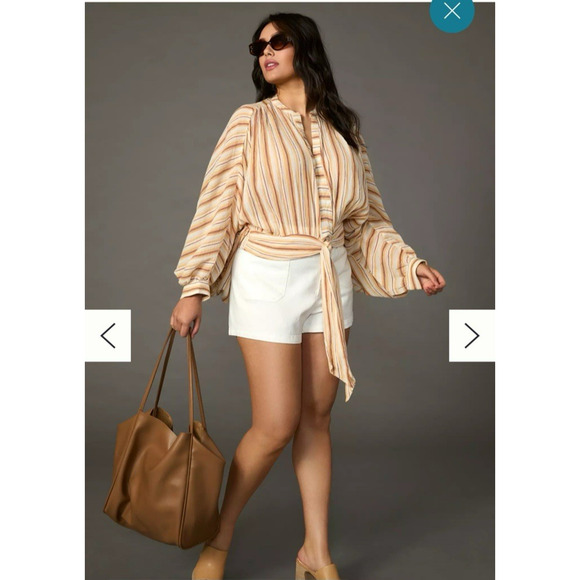 ANTHROPOLOGIE Tie-Front Blouse 100%‎ Cotton Striped Relaxed Drapey XSP Boho EUC - Picture 3 of 16